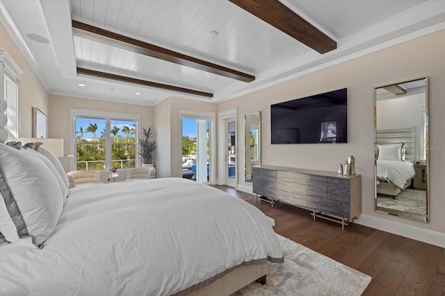 bedroom with beam ceiling, dark hardwood / wood-style flooring, and access to outside