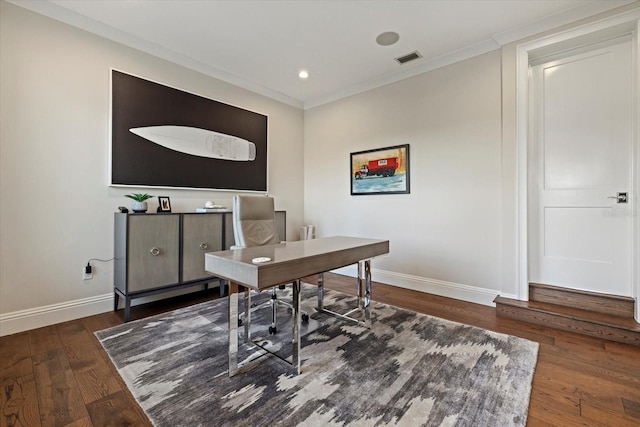 office space with dark hardwood / wood-style flooring and ornamental molding