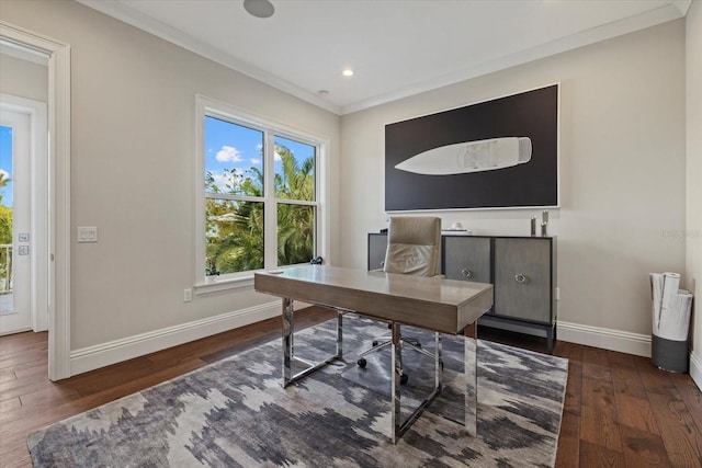 home office featuring crown molding and dark hardwood / wood-style floors