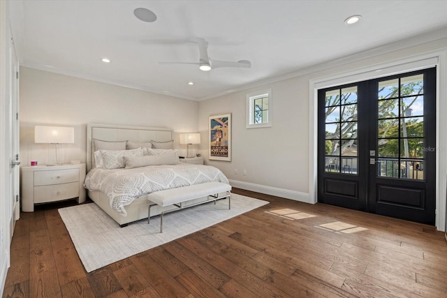 bedroom featuring dark hardwood / wood-style flooring, access to exterior, french doors, and ceiling fan