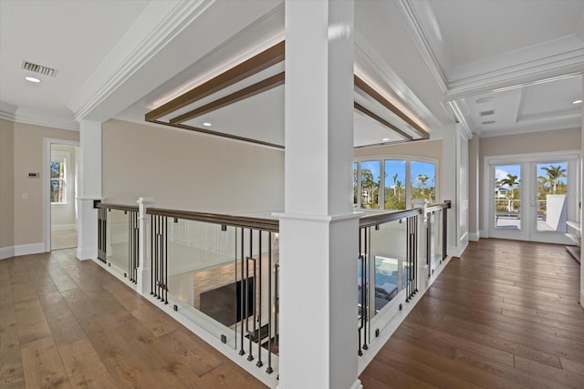 hall featuring crown molding, french doors, and dark hardwood / wood-style flooring