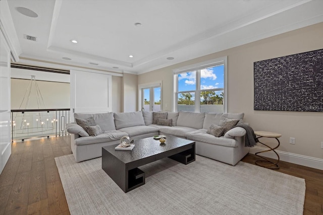 living room featuring a tray ceiling and wood-type flooring