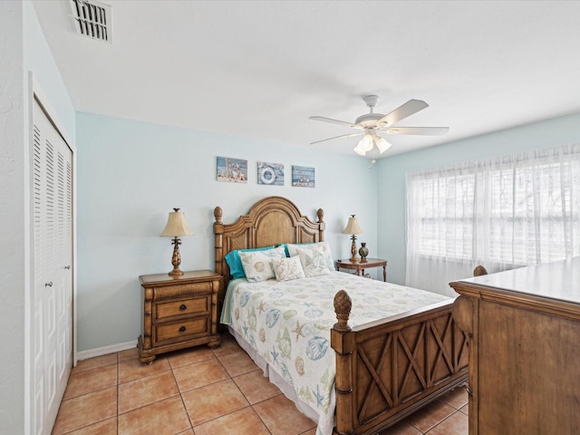 tiled bedroom featuring ceiling fan and a closet