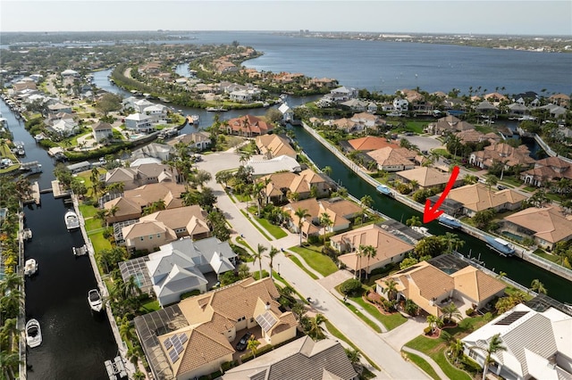 drone / aerial view featuring a water view