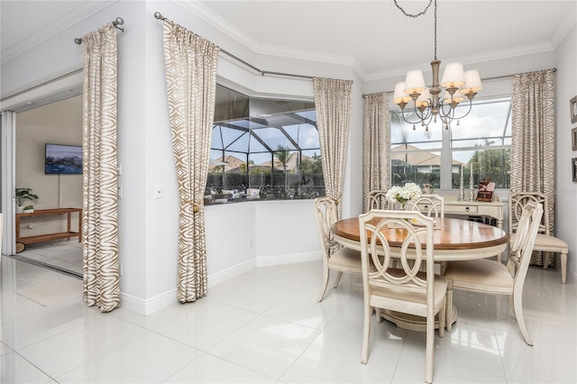 tiled dining space with crown molding and a chandelier