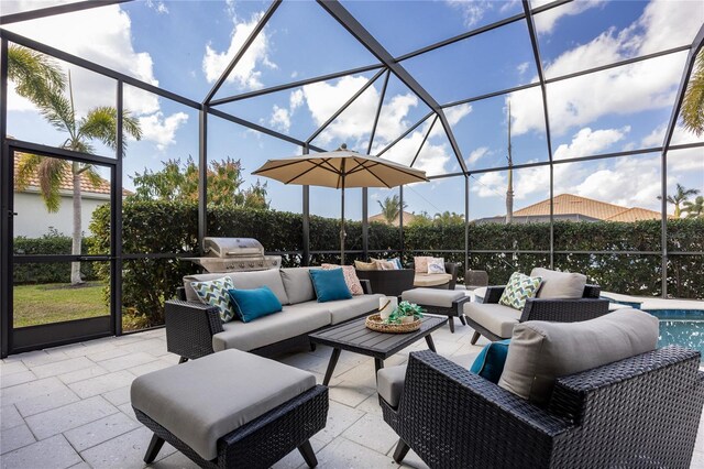 view of patio / terrace featuring outdoor lounge area, a grill, and a lanai