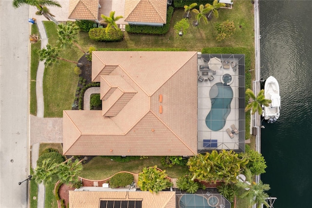 drone / aerial view featuring a water view