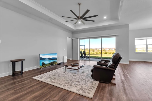 living room with dark hardwood / wood-style flooring, ornamental molding, and a raised ceiling