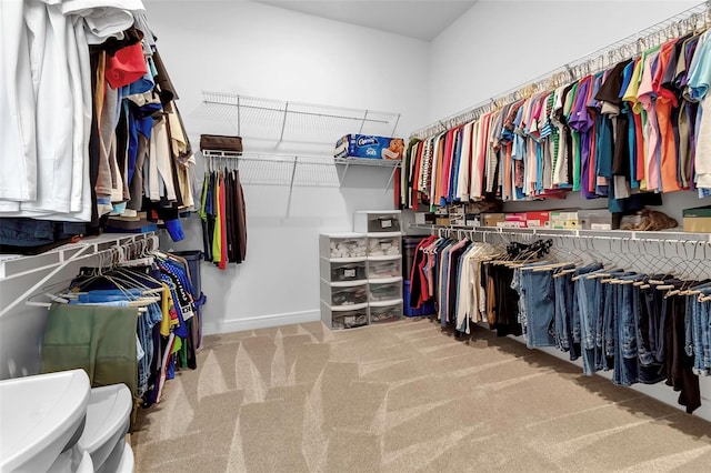 walk in closet featuring light carpet