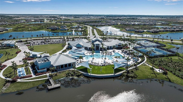 birds eye view of property featuring a water view