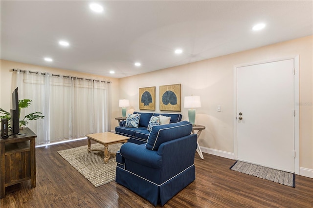 living room featuring dark wood-type flooring