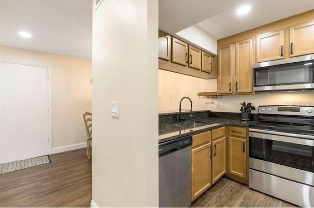 kitchen with appliances with stainless steel finishes, dark hardwood / wood-style flooring, and sink