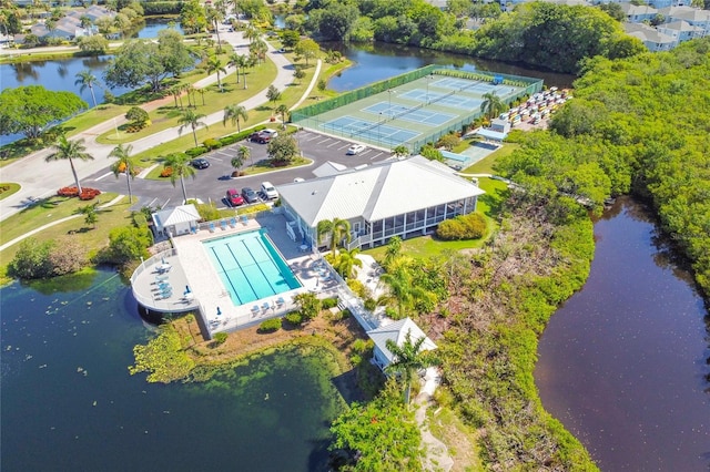 drone / aerial view with a water view