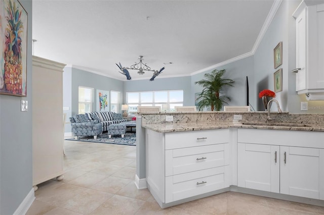 kitchen with white cabinetry, sink, light stone counters, and ornamental molding