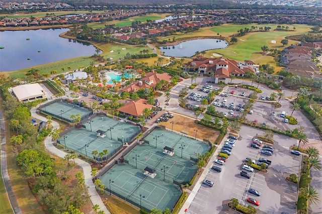 birds eye view of property featuring a water view