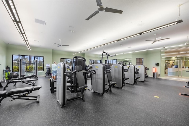 gym featuring ceiling fan