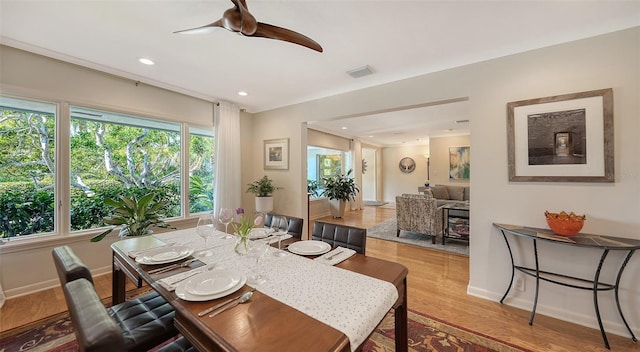 dining room featuring ceiling fan and light hardwood / wood-style flooring