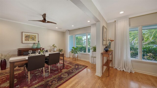 dining room with ceiling fan and light hardwood / wood-style flooring