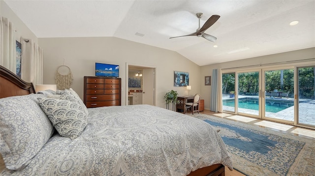 bedroom with ceiling fan, access to exterior, and vaulted ceiling