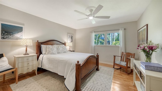 bedroom featuring ceiling fan and light hardwood / wood-style flooring