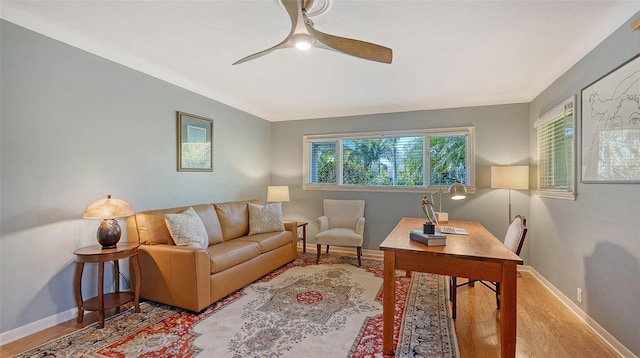 living room featuring hardwood / wood-style flooring and ceiling fan