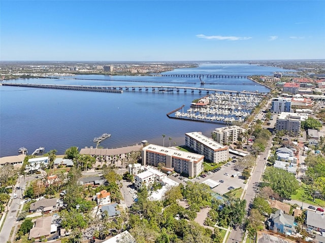 drone / aerial view featuring a city view and a water view