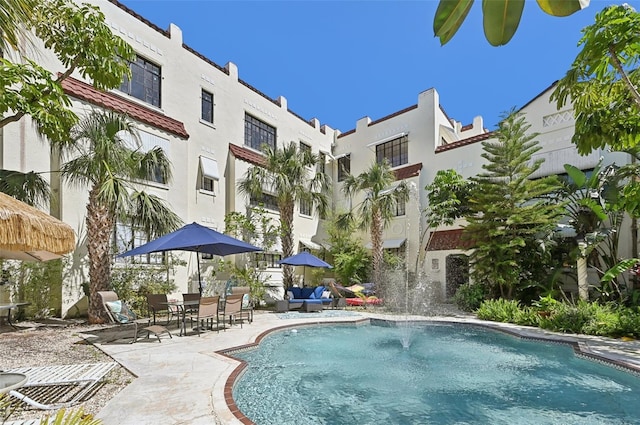 view of pool featuring a patio