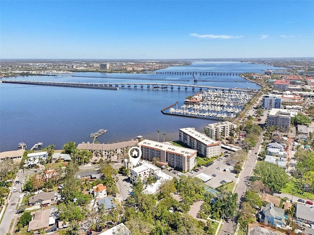 aerial view featuring a water view