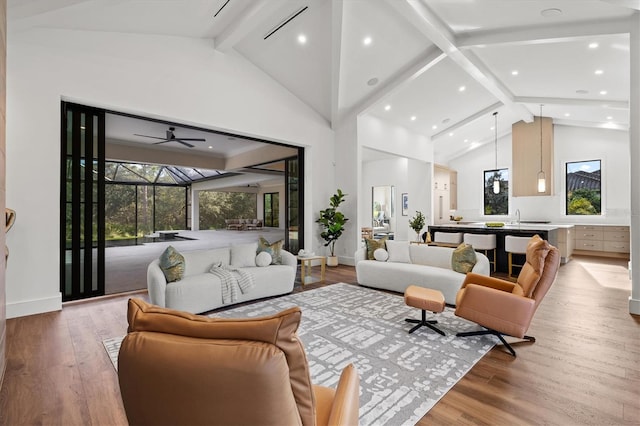 living room featuring beam ceiling, a wealth of natural light, and light hardwood / wood-style floors