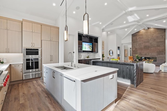 kitchen with sink, pendant lighting, light hardwood / wood-style floors, and a spacious island