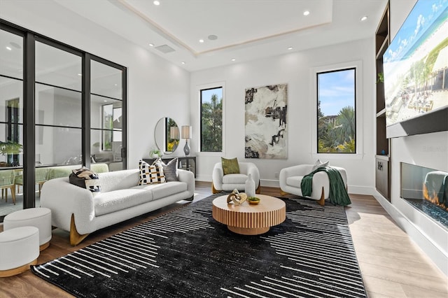 living room with wood-type flooring and a tray ceiling