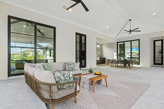 view of patio with outdoor lounge area and ceiling fan