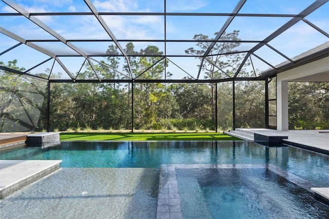 view of swimming pool with an in ground hot tub, a water view, and glass enclosure