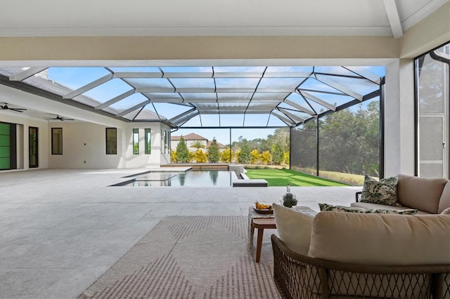 view of pool featuring ceiling fan, an outdoor living space, a lanai, and a patio