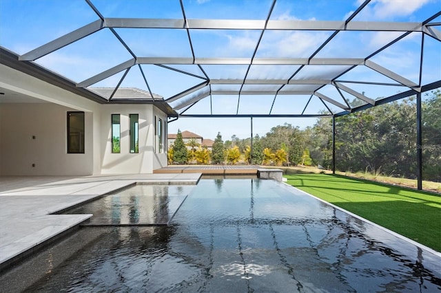 view of swimming pool with a lanai, a patio area, and a lawn