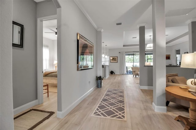 corridor with crown molding and light hardwood / wood-style flooring