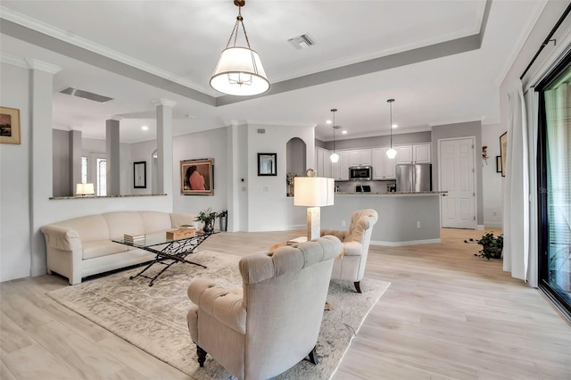 living room featuring a raised ceiling, ornamental molding, and light wood-type flooring