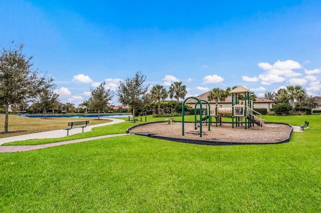 view of jungle gym featuring a yard