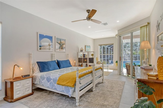 bedroom with access to exterior and ceiling fan