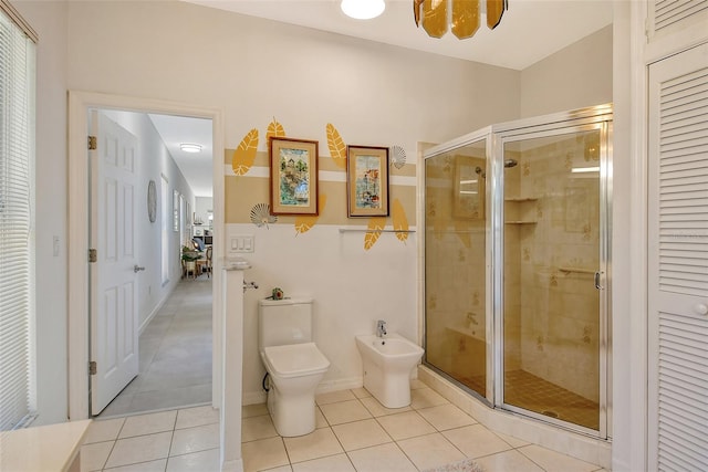 bathroom featuring a bidet, toilet, an enclosed shower, and tile patterned flooring