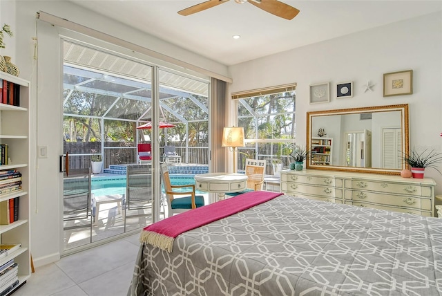 tiled bedroom featuring access to outside and ceiling fan