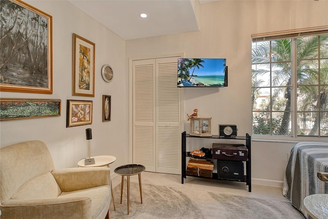 living area featuring carpet