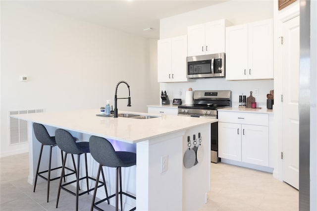 kitchen featuring stainless steel appliances, visible vents, white cabinets, a kitchen island with sink, and a sink