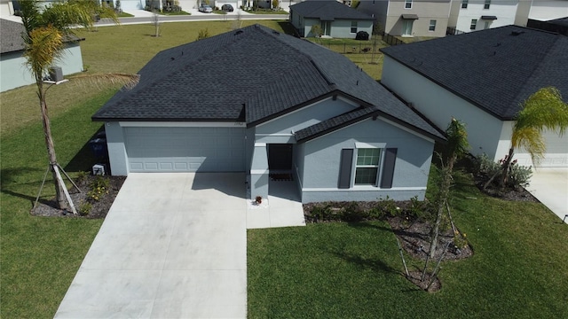 ranch-style house featuring a garage, a shingled roof, driveway, a residential view, and stucco siding