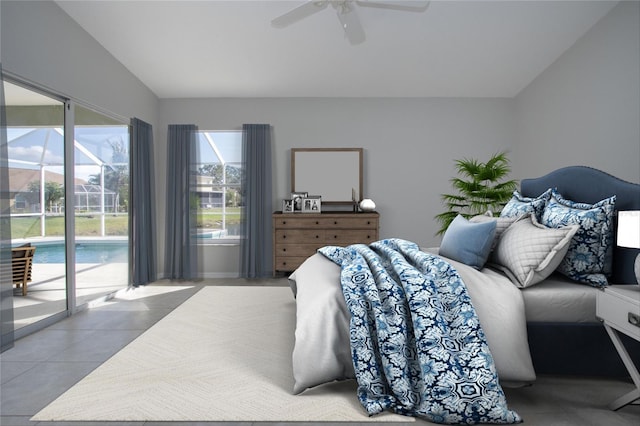 tiled bedroom featuring vaulted ceiling, access to outside, and ceiling fan