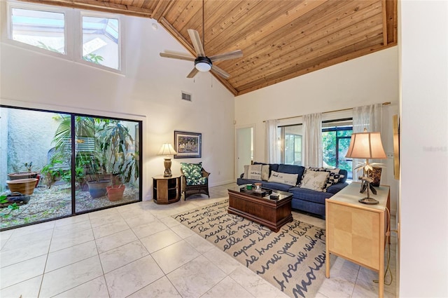 living room with light tile patterned flooring, ceiling fan, high vaulted ceiling, and wooden ceiling