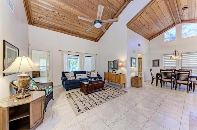 living room featuring light tile patterned floors, wood ceiling, high vaulted ceiling, and ceiling fan