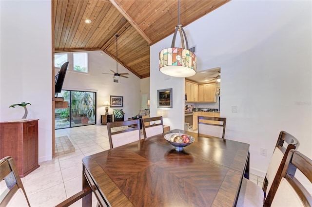 tiled dining space with ceiling fan, high vaulted ceiling, and wooden ceiling