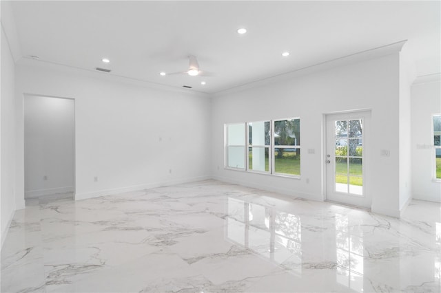 unfurnished room featuring crown molding and ceiling fan