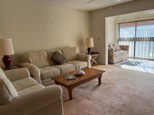 carpeted living room featuring a textured ceiling